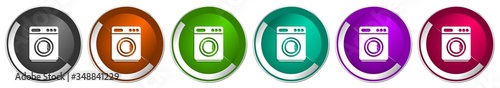 Laundry, machine, washer, icon set, silver metallic chrome border vector web buttons in 6 colors options for webdesign