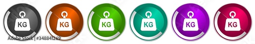 Weight, kg, kilogram icon set, silver metallic chrome border vector web buttons in 6 colors options for webdesign