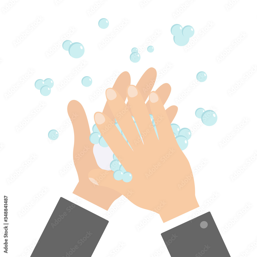 Wash hands with soap soap foam bubble. Cute cartoon businessman hand body part. Stop coronavirus COVID 19. Personal hygiene, disease preventio. Flat design. Isolated White background Wash hands with soap soap foam bubble. Cute cartoon businessman hand body part. Stop coronavirus COVID 19. Personal hygiene, disease preventio. Flat design. Isolated White background