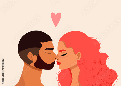 Kissing couple isolated vector illustration. Beautiful man and women with eyes closed kissing. Romance and love concept. Red hair girl and dark-haired man. Valentine's day greeting card design.