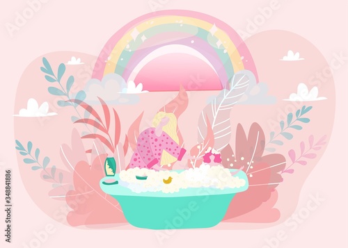Mom and baby girl bathing, mother bathes and plays with daughter flat vector illustration in magic style, rainbow and fairytale plants. Mothers care for child in bathtube shower, motherhood.