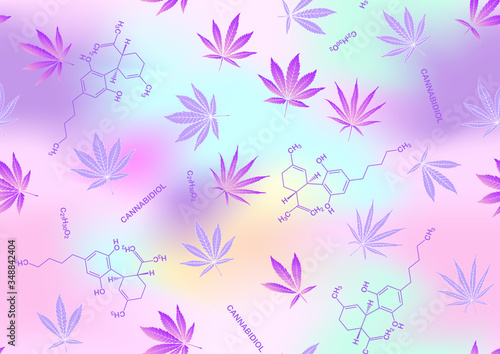 Cannabis leaves and cbd, cannabidiol formula seamless pattern, background. Vector illustration in light ultra violet pastel colors on mesh pink, blue background.