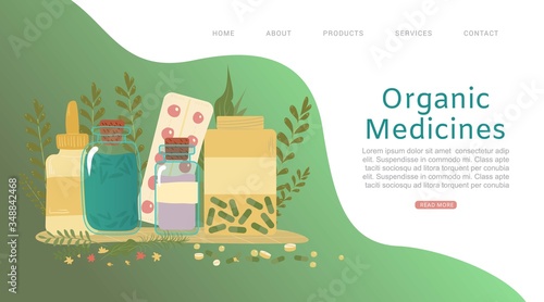Organic medicine, pills, herbs and plants, bottles of natural homeopathy products web shop flat vector illustration. Natural bio herbal treatment and alternative organic medicine landing page.