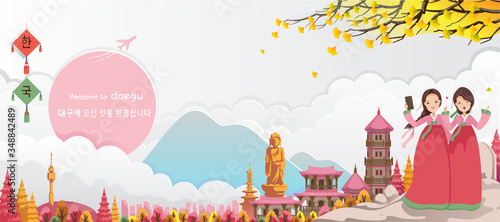 Daegu is travel landmarks of korean. Panoramic landscape autum scenes of buildings, locations. Travelers girl dressed in hanbok. Korean travel poster and postcard. Translation Welcome to daegu.