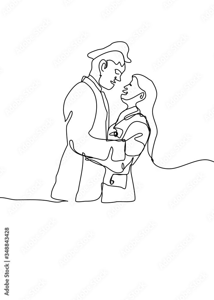 One continuous line drawing, happy young man To meet his girlfriend One continuous line drawing, happy young man To meet his girlfriend