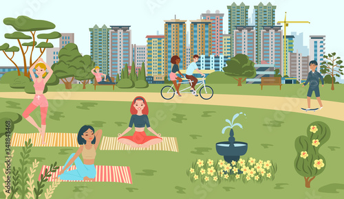 People do sport in park, yoga, bicycling, scating recreations in summer, walkway playground and attractions fountain cityscape flat vector illustration. Lifestyle in park outdoor, sport and leisure.