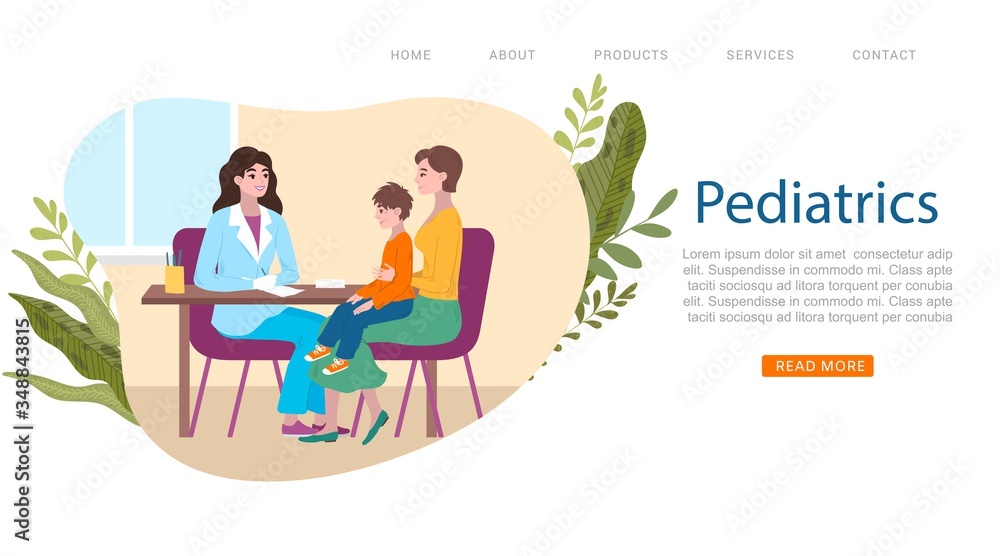 Obraz premium Kids pediatrician doctor web banner, little patient with mother at pediatrist medical consultation, medics cartoon vector illustration. Doctor for children diagnosis healthcare medicine in pediatrics.