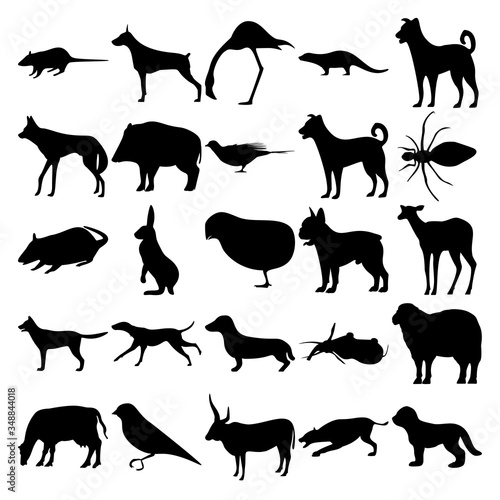 Set of 25 animals. Rat, Doberman, Flamingo, Otter, Maned Wolf, Boar, Pigeon, Spider, Rabbit, Chick, Deer, Dachshund, Elephant, Sheep, Bird, Cow, Hyena, Dogs.