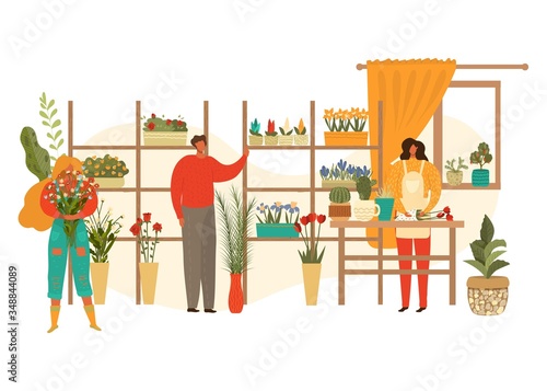 Flower shop florist female character with houseplants and potted flowers and customer woman with bouquet flat vector illustration. Floral store market business with flowerpots on shelves.