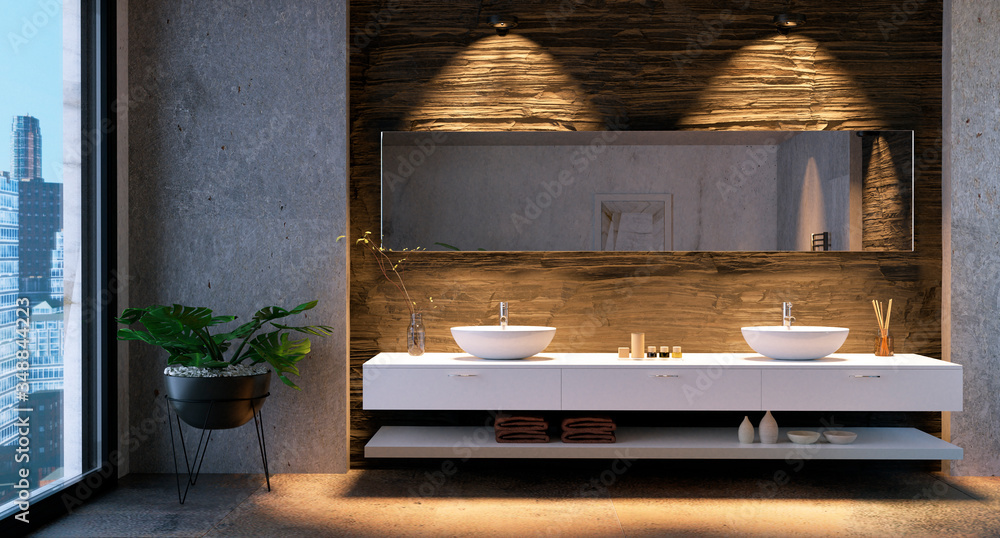 3D render of bathroom vanity with stone tiles. Illustration Stock | Adobe  Stock