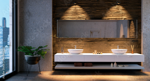 Leinwand Poster 3D render of bathroom vanity with stone tiles.