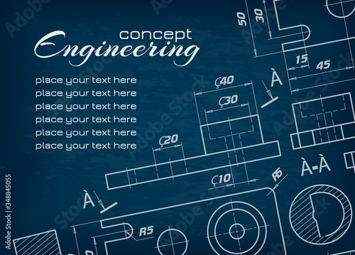 Engineering concept. Abstract engineering background for design. Mechanics blueprints. Technical drawings white chalk on black blackboard. Detailed plan. Graphic design elements. Mechanical drawings