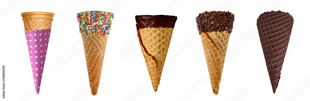 Empty fancy or joyful ice cream cones collection on isolated transparent background. Empty ice cream cones with clipping path