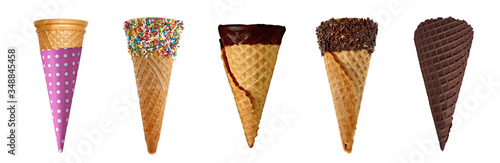 Empty fancy or joyful ice cream cones collection on isolated transparent background. Empty ice cream cones with clipping path
