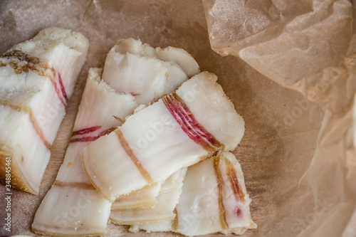 Quadro su tela salted pork fat, sliced ​​in beautiful thin slices, national food of Ukrainians,