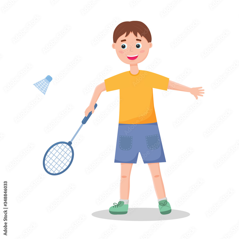 A boy plays badminton. Children's activity, sports. Isolated illustration on a white background. Vector. A boy plays badminton. Children's activity, sports. Isolated illustration on a white background. Vector.