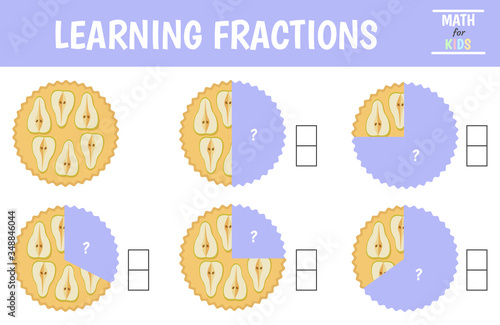 A math fractions worksheet.  Learning  fractions. Pie. Vector illustration