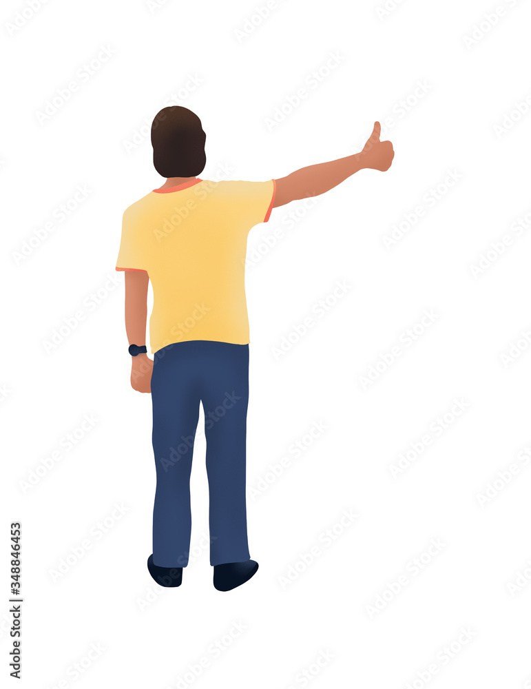 Fototapeta premium Hand drawn digital illustration of man goes hitchhiking