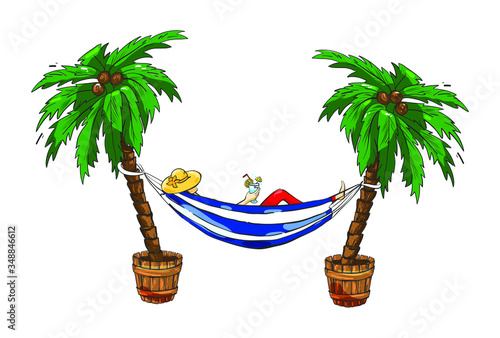 A girl in a hammock between palm trees on a white background. Cartoon illustration in vector format.