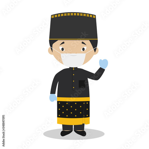 Character from Brunei dressed in the traditional way and with surgical mask and latex gloves as protection against a health emergency