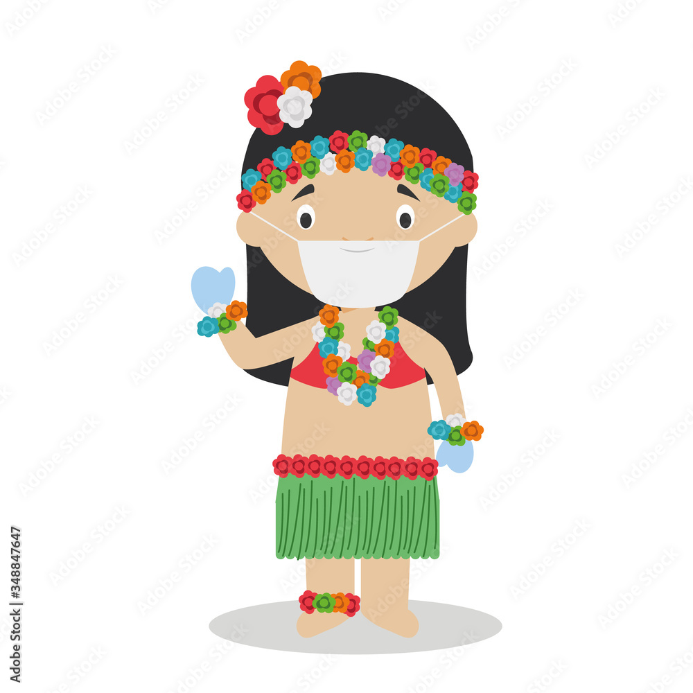 Character from Hawaii dressed in the traditional way and with surgical mask and latex gloves as protection against a health emergency Character from Hawaii dressed in the traditional way and with surgical mask and latex gloves as protection against a health emergency