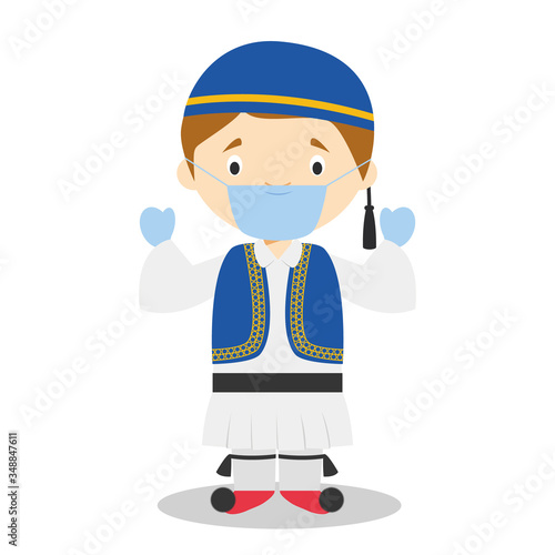 Character from Greece dressed in the traditional way as a Sirtaki dancer and with surgical mask and latex gloves as protection against a health emergency