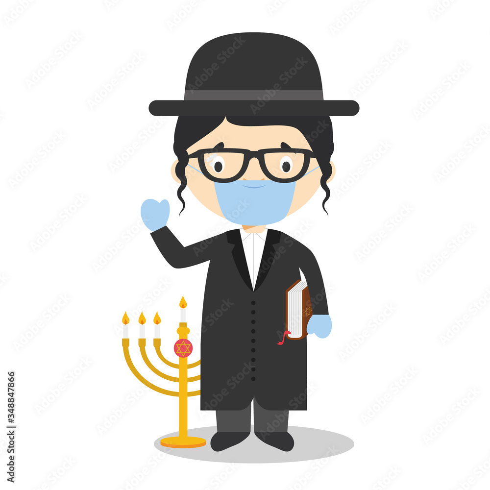 Jewish Rabbi cartoon character from Israel dressed in the traditional way and with surgical mask and latex gloves as protection against a health emergency