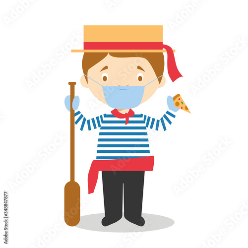 Character from Italy dressed in the traditional way as a Venice gondolier eating pizza and with surgical mask and latex gloves as protection against a health emergency