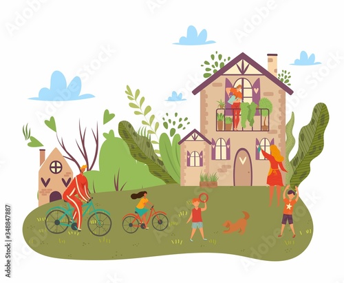 Happy family summer day, father on bicycle, mother and kids play with dog in nature, countryside cartoon flat vector illustration. Family vacation in country house in rural landscape.