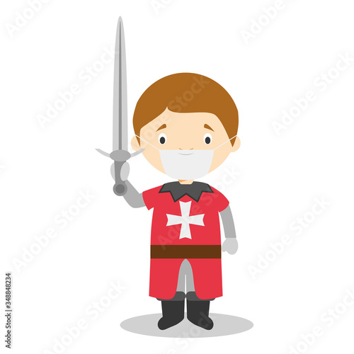 Character from Malta dressed in the traditional way as a Maltese Warrior and with surgical mask and latex gloves as protection against a health emergency