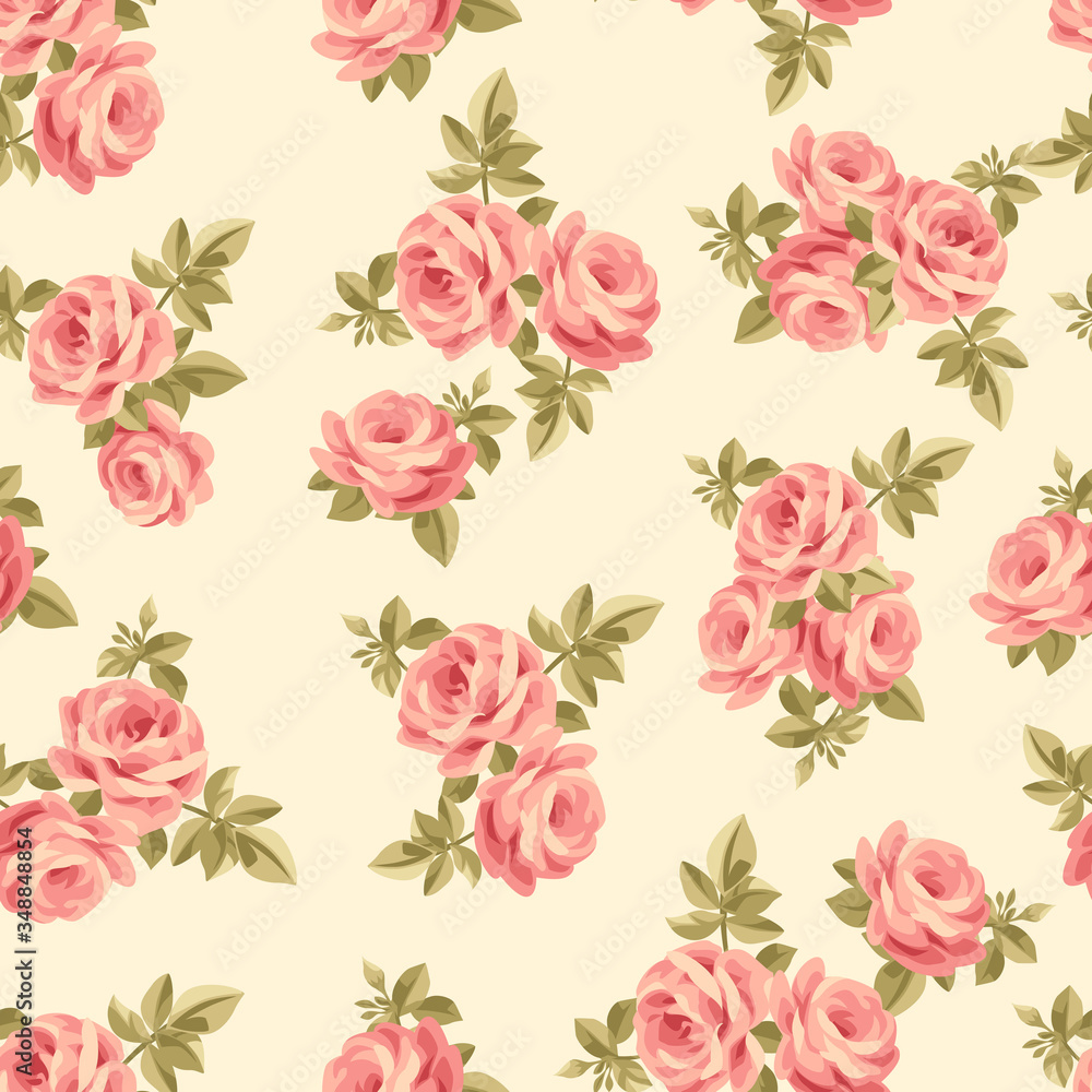 Seamless pattern of red rose flower with leaves antique style on yellow background. Used for gift wrapping pattern, screen wallpaper, cards and postcard.