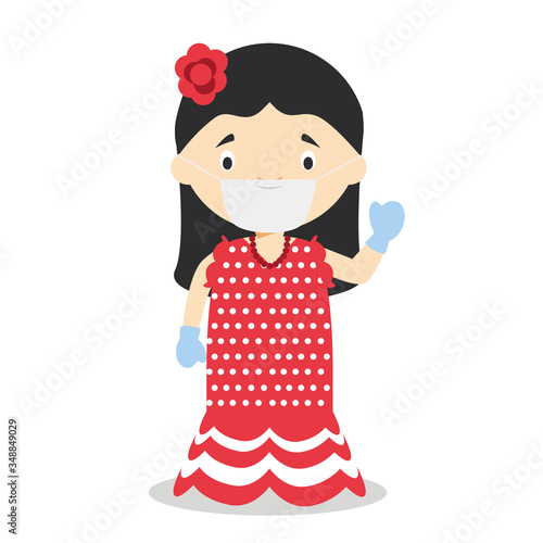 Character from Spain dressed in the traditional way as a flamenco dancer and with surgical mask and latex gloves as protection against a health emergency