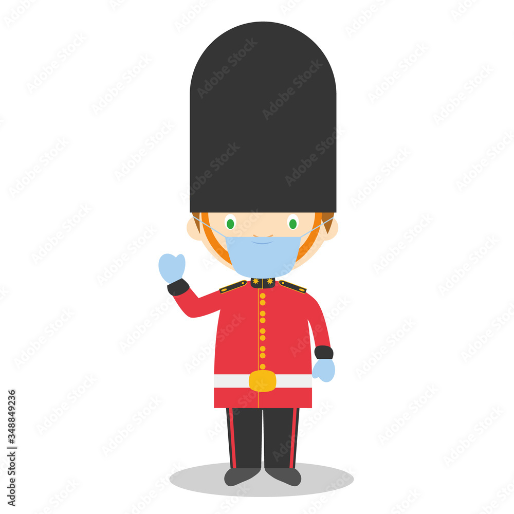 Character from England. Royal Guard boy dressed in the traditional way and with surgical mask and latex gloves as protection against a health emergency Character from England. Royal Guard boy dressed in the traditional way and with surgical mask and latex gloves as protection against a health emergency