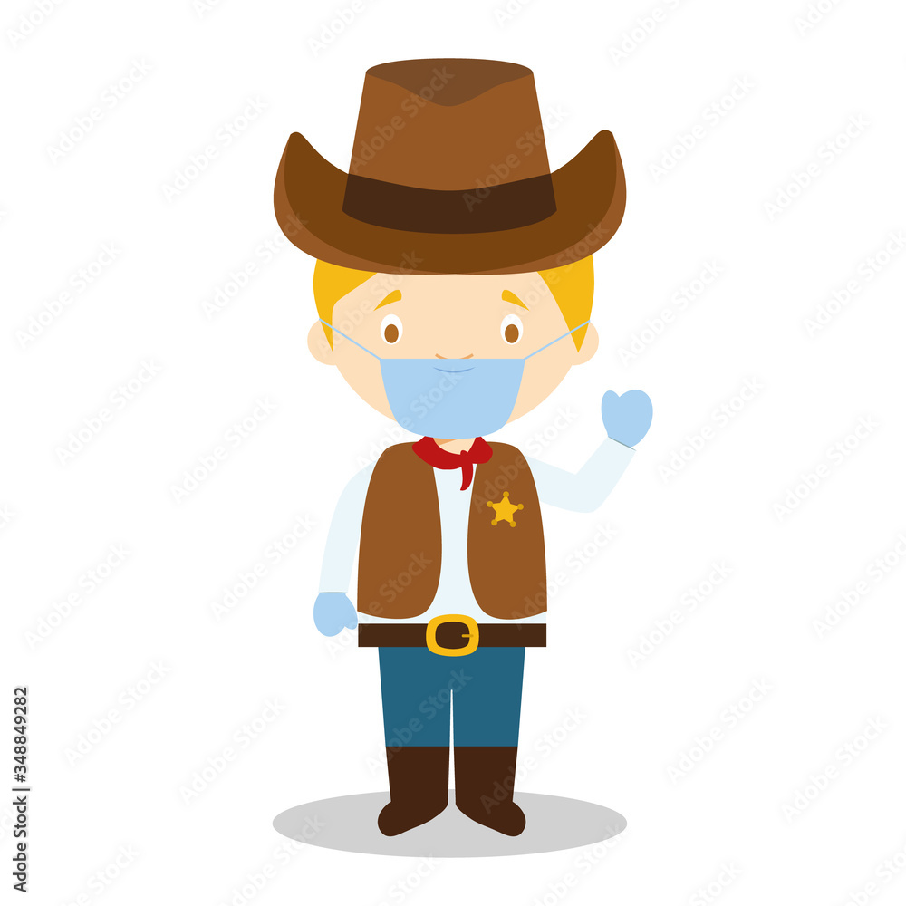 Cowboy character from USA dressed in the traditional way and with surgical mask and latex gloves as protection against a health emergency Cowboy character from USA dressed in the traditional way and with surgical mask and latex gloves as protection against a health emergency