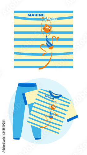 Cat Sailor. MARINE FOREVER. Set. Cartoon cat on the background of a striped sailors shirt. Vector illustration  photo