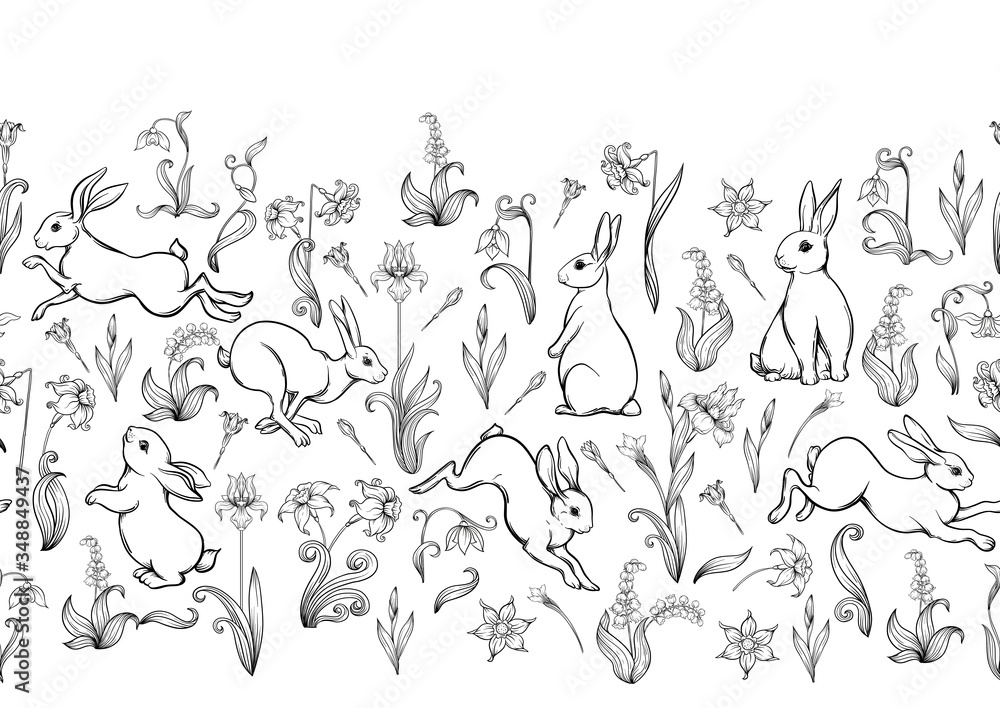 Seamless pattern, ackground with spring flowers and rabbits, hares. Colored vector illustration. Isolated on white background. Seamless pattern, ackground with spring flowers and rabbits, hares. Colored vector illustration. Isolated on white background.