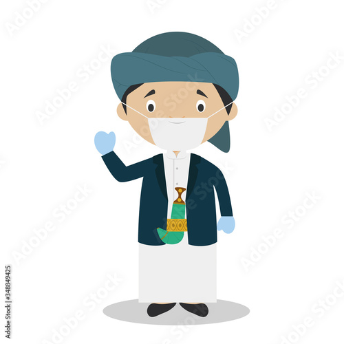 Character from Yemen dressed in the traditional way and with surgical mask and latex gloves as protection against a health emergency