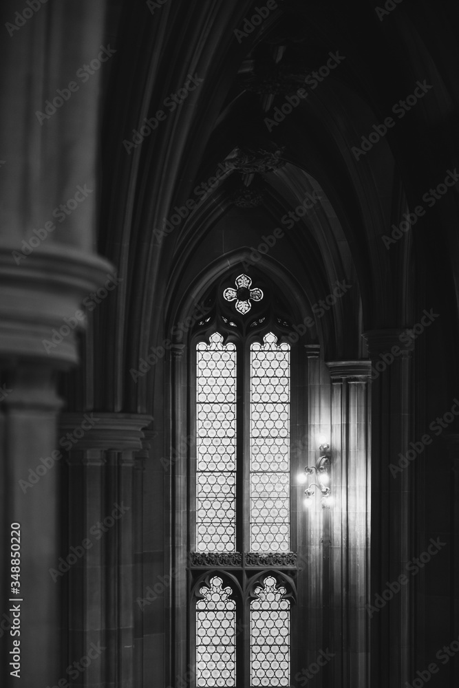john rynalds public universitary library in Greathern Manchester City, black and white gothic window