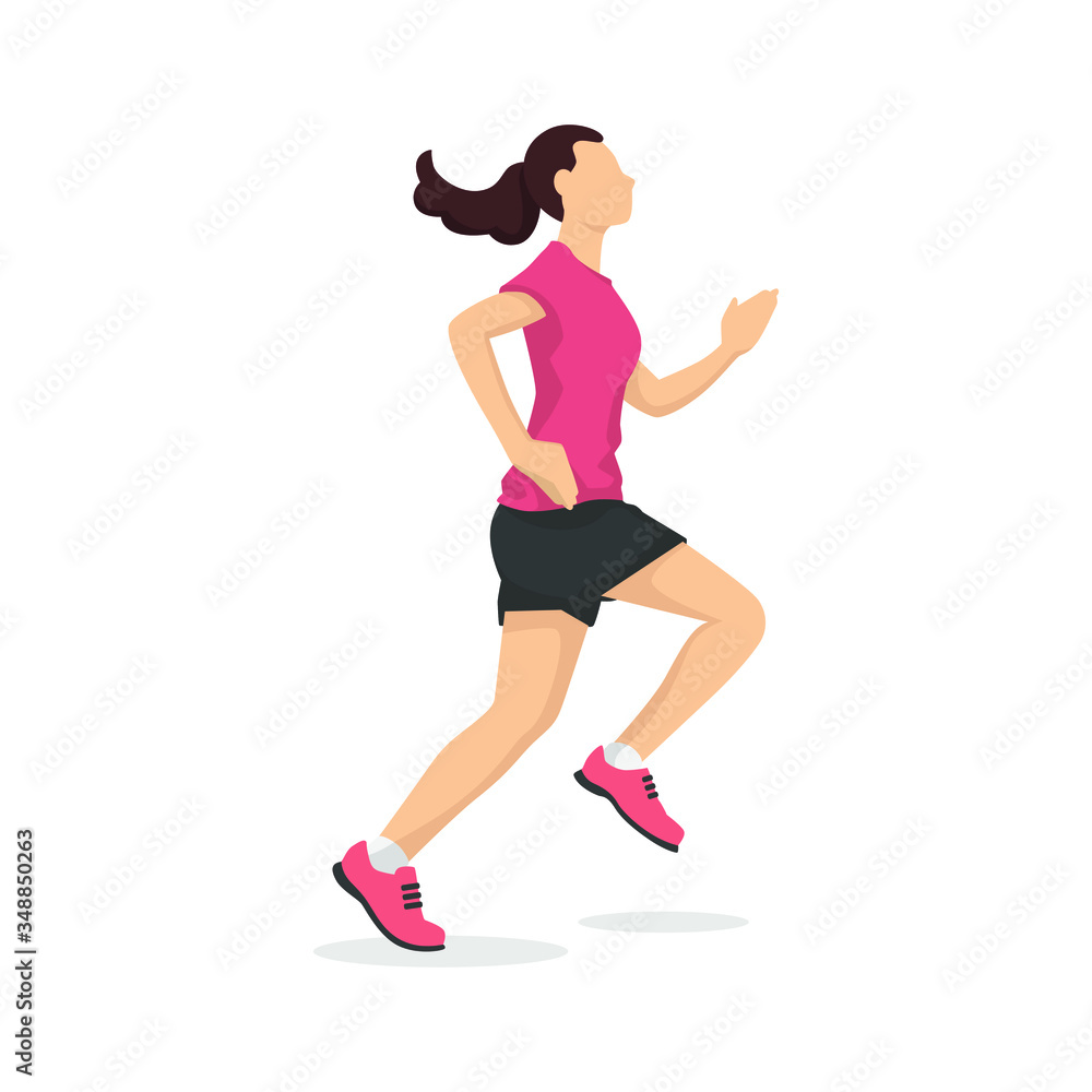 Running woman in modern style vector illustration, healthy person simple flat shadow isolated on white background. Running woman in modern style vector illustration, healthy person simple flat shadow isolated on white background.