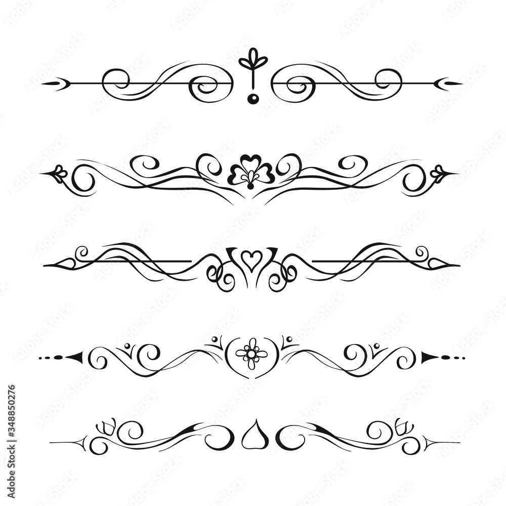 Collection of hand drawn text dividers, vignettes. Elegant separators of paragraphs or page decoration in oriental mehendi tattoo style. Ornate floral design elements isolated for prints, websites