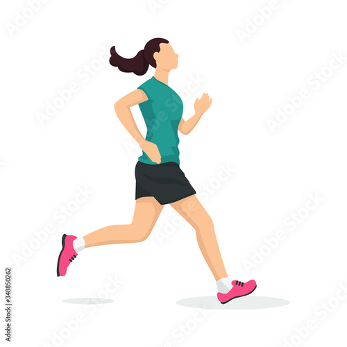 Running woman in modern style vector illustration  healthy person simple flat shadow isolated on white background.