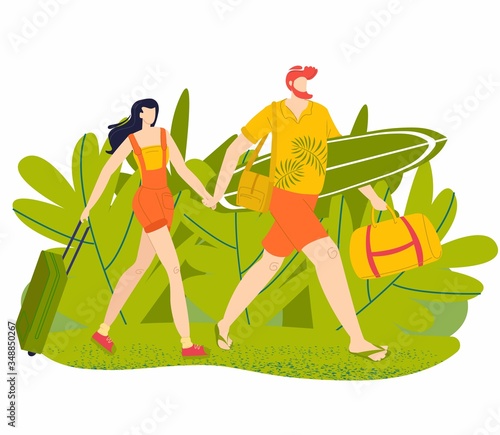 Summer vacation, holidays, man and woman vacationist with luggage walk on tropical leaves background, flat vector illustration. Travelling and vacation, tourists characters isolated on white.