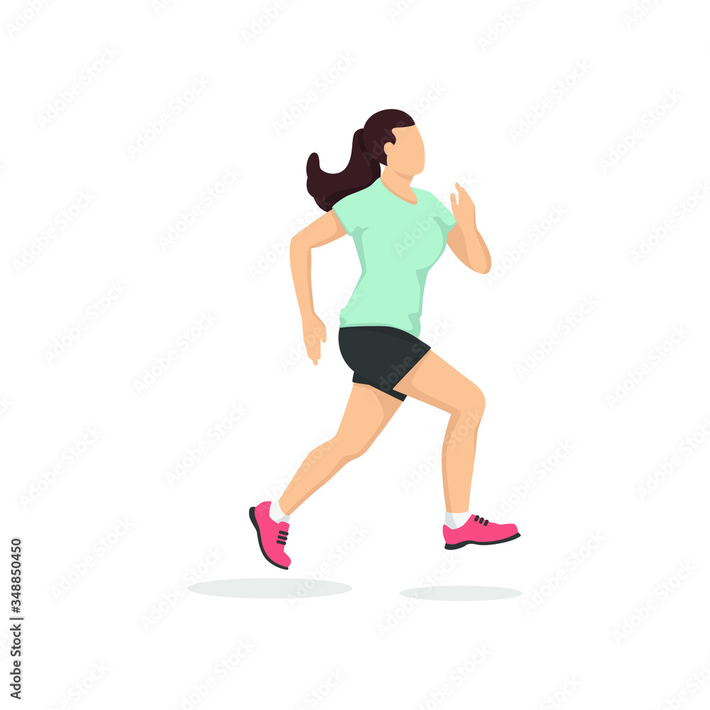 Running woman in modern style vector illustration, healthy person simple flat shadow isolated on white background.