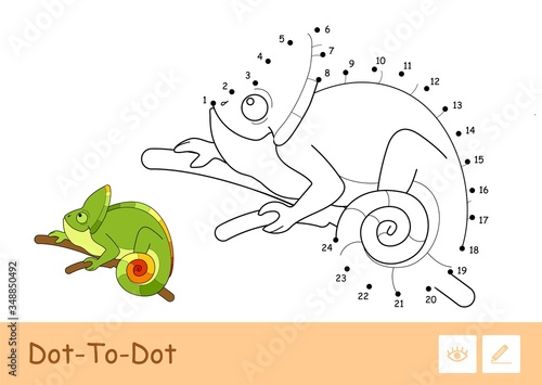 Colorless vector contour dot-to-dot image of a chameleon sitting on the branch isolated on white background.
