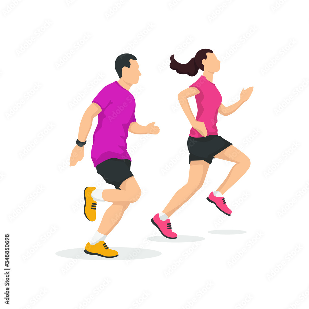 Man and woman are running in modern style vector illustration, healthy person simple flat shadow isolated on white background.