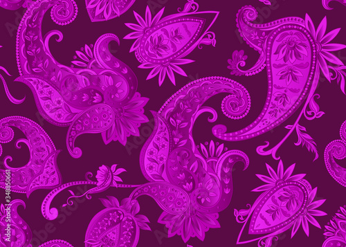 Seamless pattern, background with traditional paisley. Floral vector illustration in damask style. Vector illustration in black and ultravaiolet color..