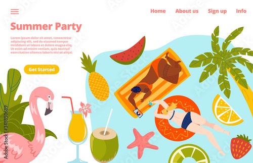 Summer pool party with people in swimming pool holiday, palms and parasol umbrella, beach, flamingo and coctals website template vector illustration.