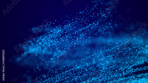 Digital dynamic particles explosion. Abstract blue futuristic background. Big data visualization. 3D rendering.