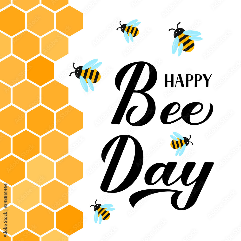 Happy World Bee Day calligraphy hand lettering with cute cartoon bees