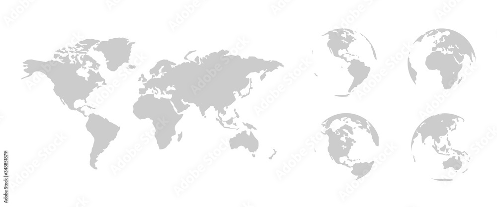 Naklejka World map globe set in flat. Geography isolated vector